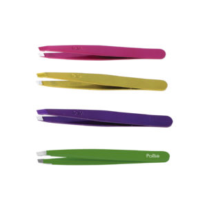 Pinza depilar inoxidable, oblicua, colores metalizados